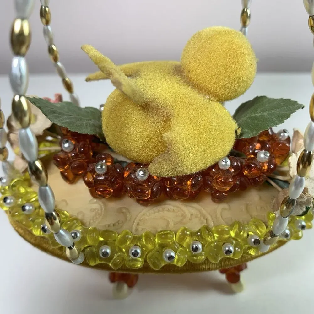 Vintage Beaded Push Pin Easter Basket 5.5” Tall Soap Beads Felt Chick Flowers